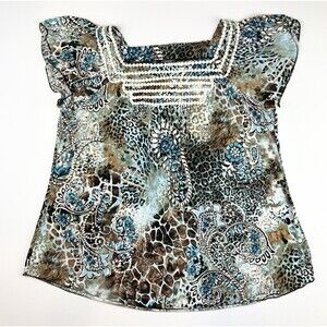 Cocomo Women's Flowy Artsy Top Short Sleeve Blouse Blue Animal Print Plus, 2X